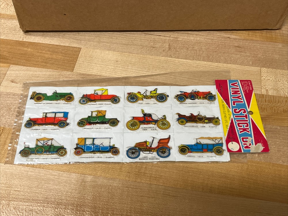 Vintage 1980s Puffy Stickers Sheet NOS NEW Vinyl Stick On Early 1900s Cars Japan