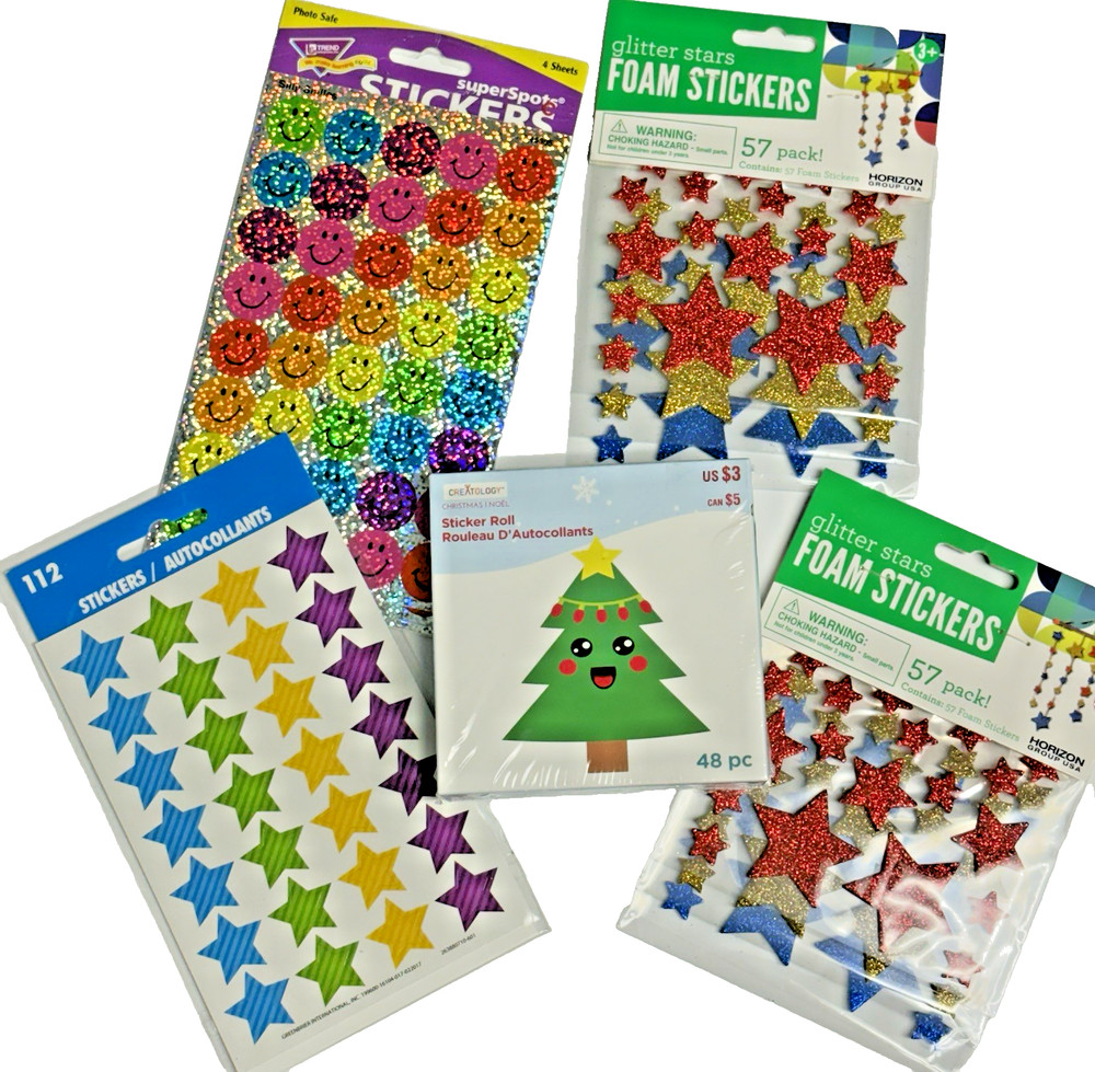 Sticker Lot of 5 New Packs Stars, Smiley Faces, Christmas Miscellaneous Over 434