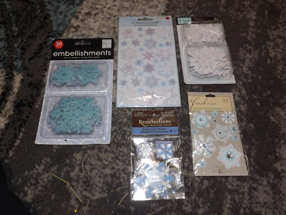 5 NEW packs SNOWFLAKE Winter theme scrapbooking stickers & chipboard pieces