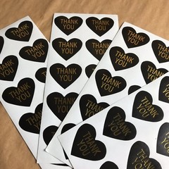 50 Heart Shaped Thank You Stickers On Glossy Black Paper With Gold Lettering