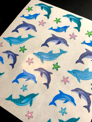 9 mod DOLPHIN SEA ocean SANDYLION vintage UNCUT sticker PRISM prismatic glitter