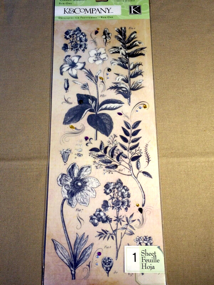 K&COMPANY Brenda Walton FLORA & FAUNA NATURAL Rub-ons w/Gems – 1 Sheet & 18 Gems