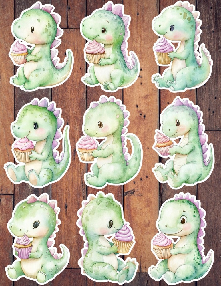Cupcake Dinosaur Vinyl Die Cut Stickers Set Scrapbooking Laptop Waterbottle