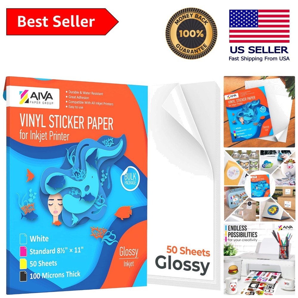 Glossy White Printable Vinyl Sheets – 50 Count, Perfect for Indoor & Outdoor Use
