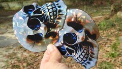 Pack of 2 – 4″ HOLOGRAPHIC Facing SKULLS Stickers BIG 4 inch skull STICKERS