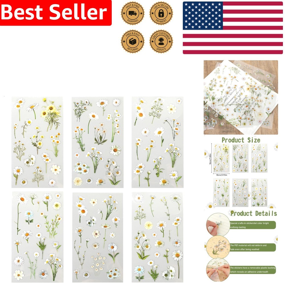 6 Pcs Clear Daisy Stickers, Waterproof Floral Vinyl Art Decals for Crafts
