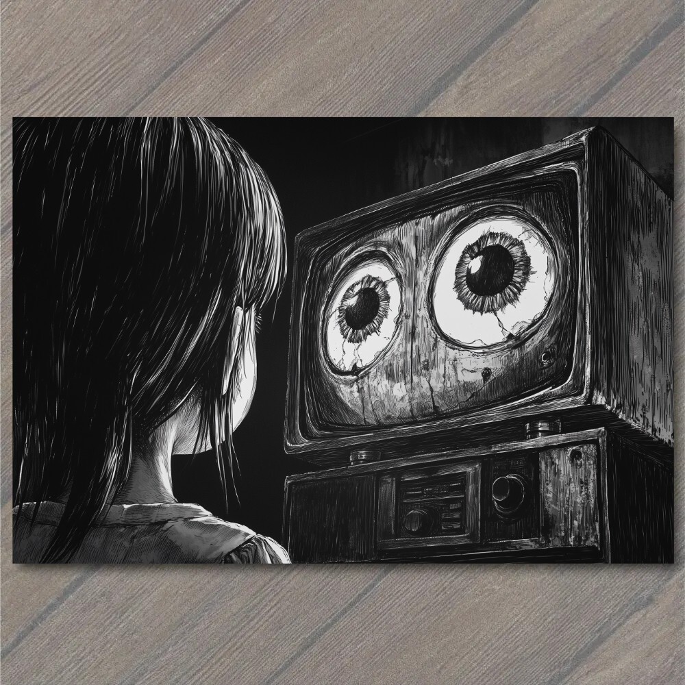 STICKER Girl Staring TV Set Haunted Eyes Look Child Black Horror Creepy Weird