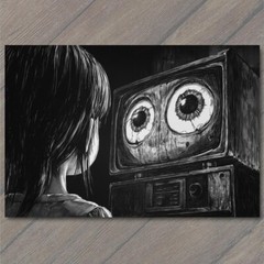STICKER Girl Staring TV Set Haunted Eyes Look Child Black Horror Creepy Weird