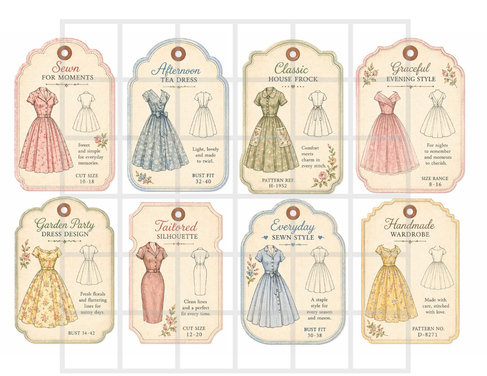 1 Pg Sewing Vtg Dress Tags, Card Toppers Junk Journal Supply Scrapbook Ephemera