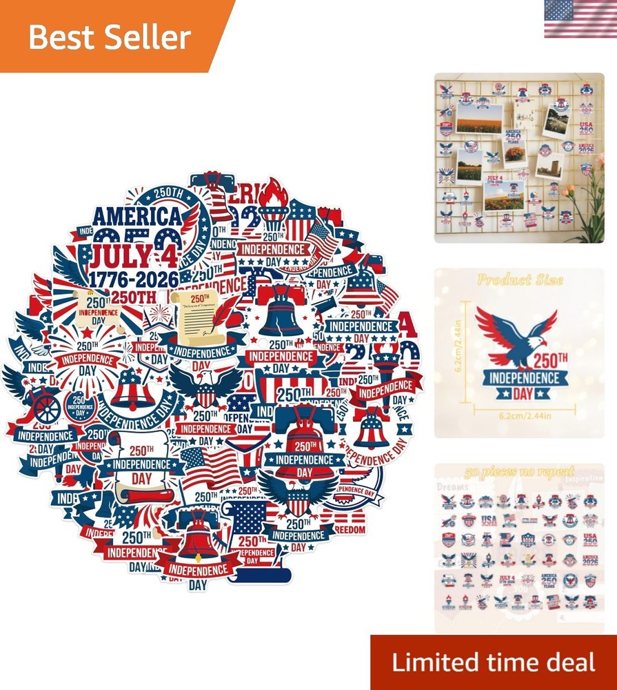 American 250 Stickers Party Favors, 50 Pcs Patriotic Sticker Decals for 250t…