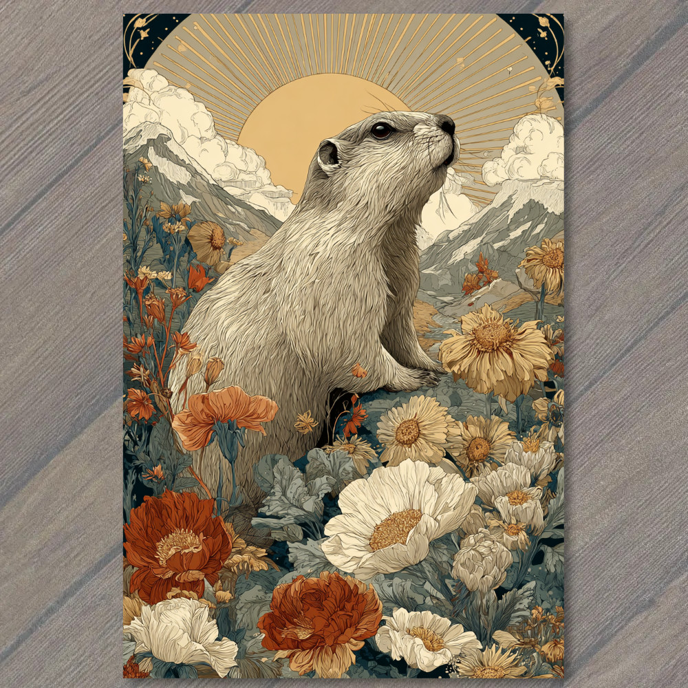 STICKER Groundhog Sunrise Mountain Wildflowers Rustic Nature Retro Style
