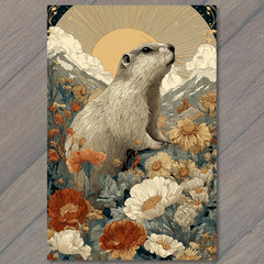 STICKER Groundhog Sunrise Mountain Wildflowers Rustic Nature Retro Style