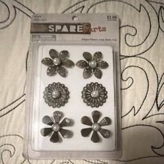 Spare Parts Antique Flower Large Brads 6pc Antique Silver Metal w/ White Centers