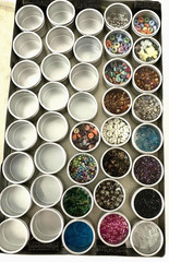 #3 – METAL CASE w/ 40 CONTAINERS – SCRAPBOOKING EMBELLISHMENTS -BEADS, BUTTONS++