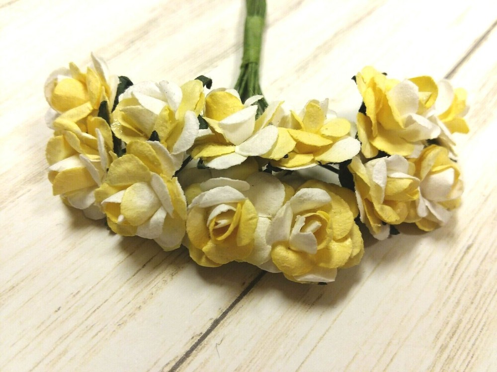 12 Yellow & White Mulberry Paper Rose Flower Wire Bouquet Craft DIY 1/2 Inch