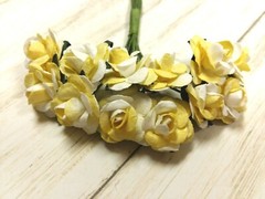 12 Yellow & White Mulberry Paper Rose Flower Wire Bouquet Craft DIY 1/2 Inch