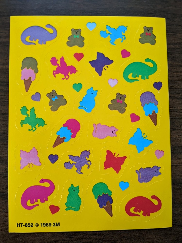 Vintage 1980s Bear Cat Dinosaur Ice Cream Unicorn Sticker Sheet NEW 3M