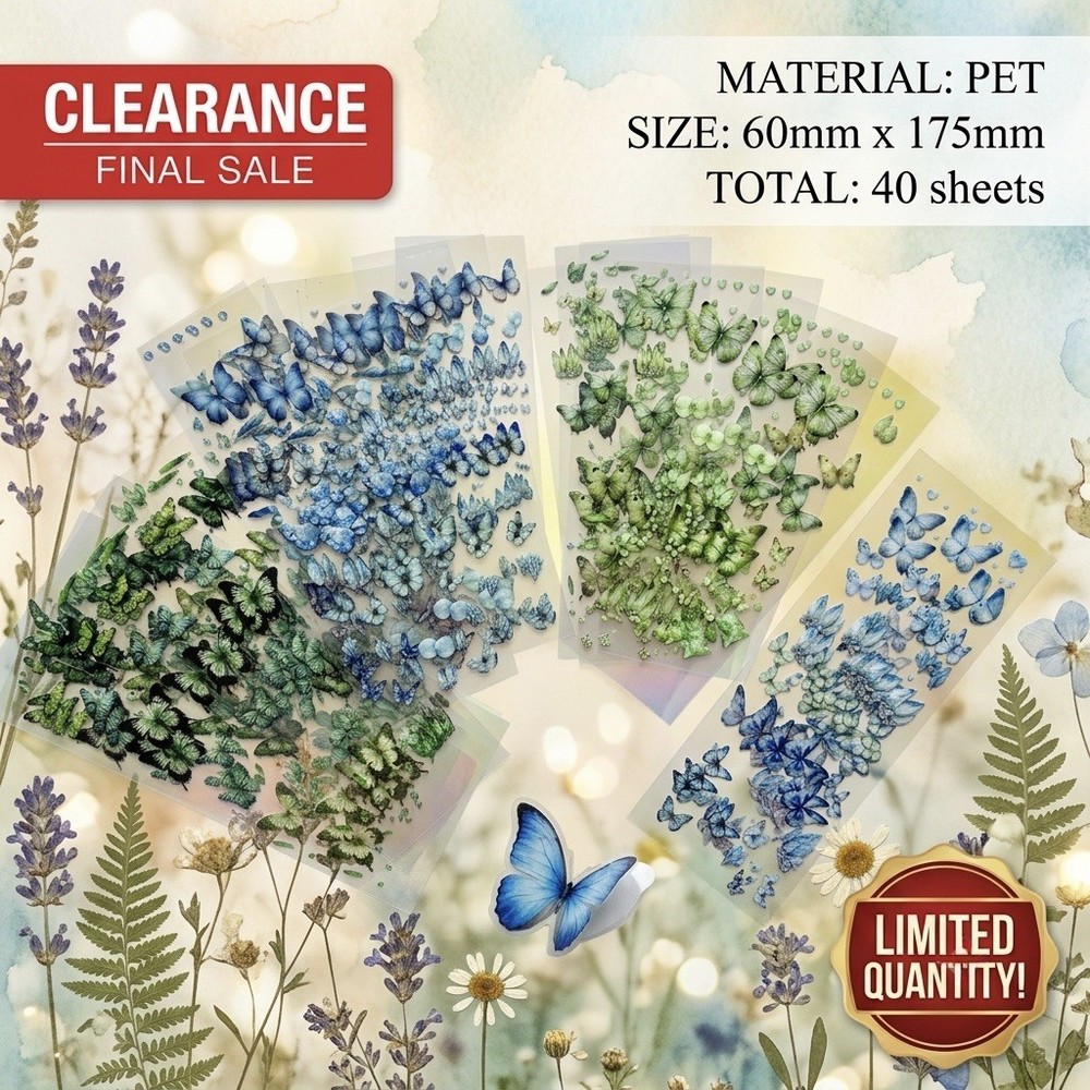Clearance: 40 Ultimate Blue & Green Butterfly Sticker Sheets (PET, 60x175mm)