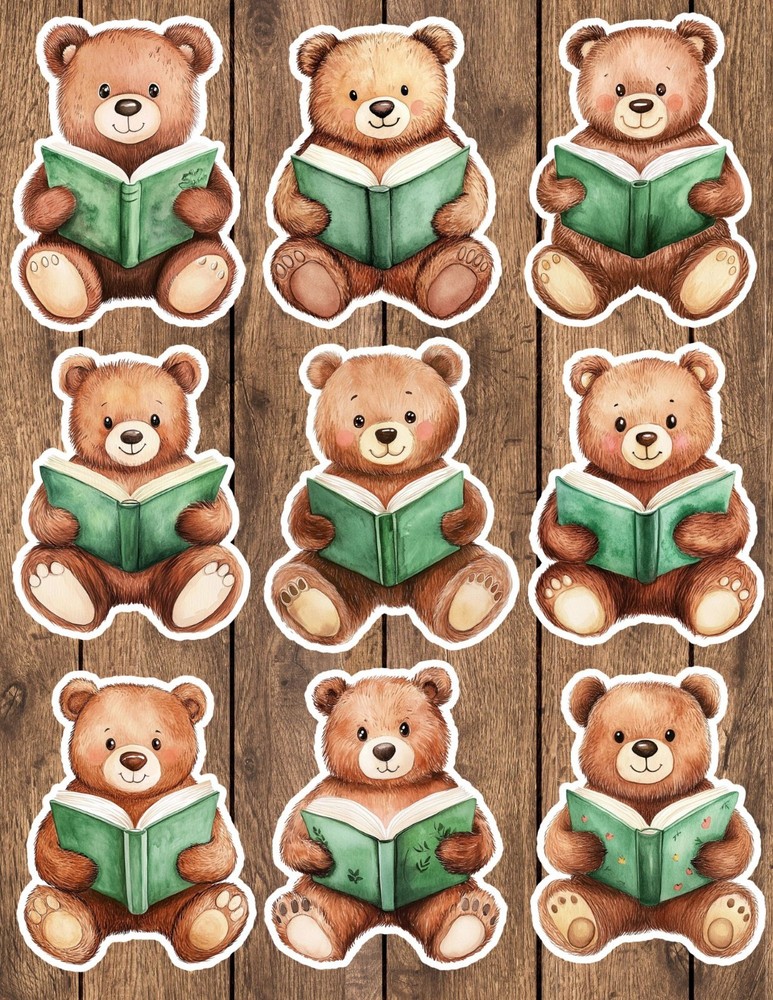 Teddy Bear Reading Die Cut Vinyl Stickers Set Scrapbooking Laptop Water Bottle