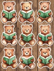 Teddy Bear Reading Die Cut Vinyl Stickers Set Scrapbooking Laptop Water Bottle