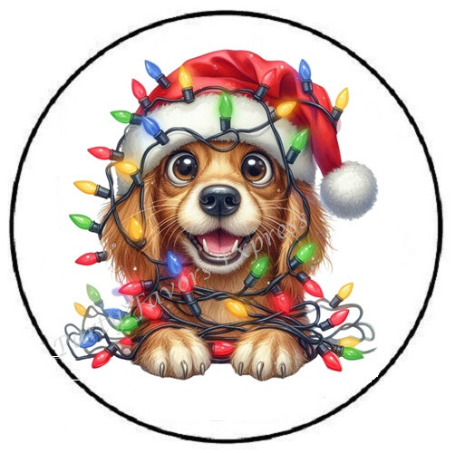 ADORABLE DOG WITH CHRISTMAS LIGHTS ENVELOPE SEALS LABELS STICKERS PARTY FAVORS
