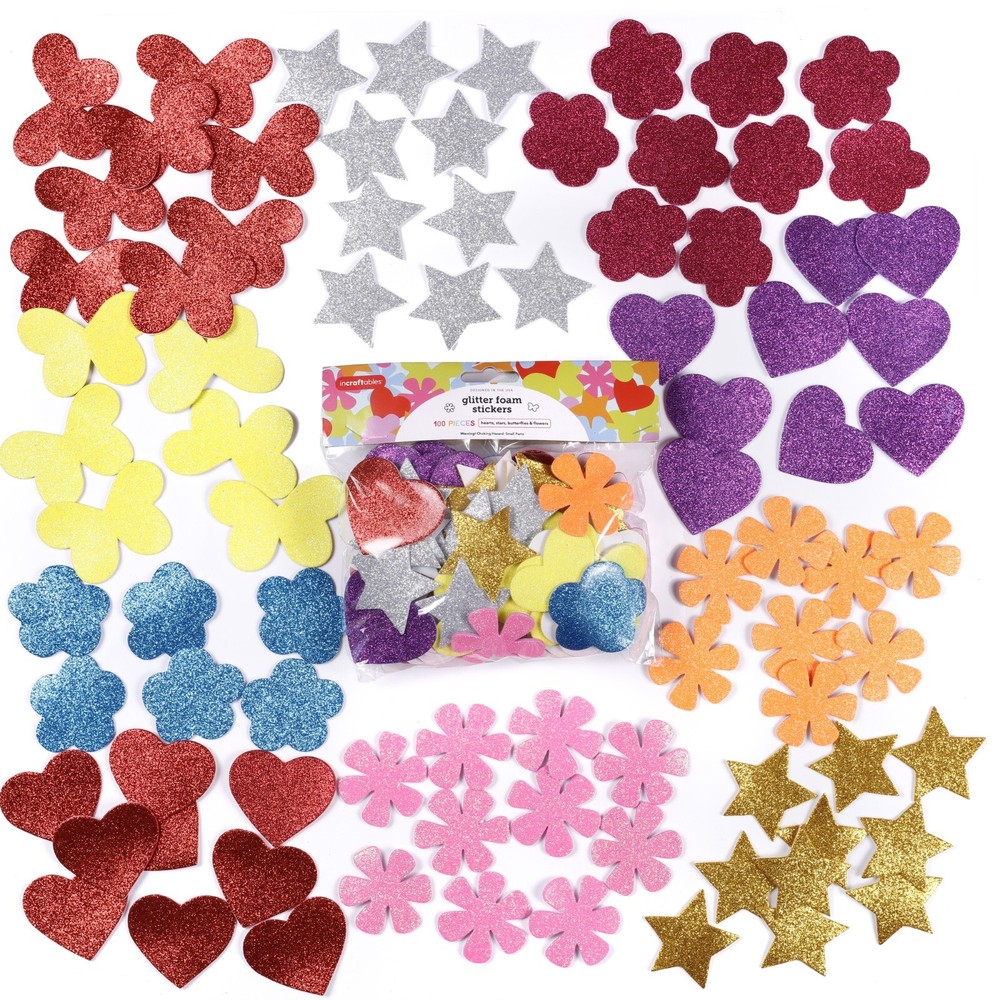 Incraftables Glitter Foam Stickers 100pc, Self Adhesive Kids Craft Shapes