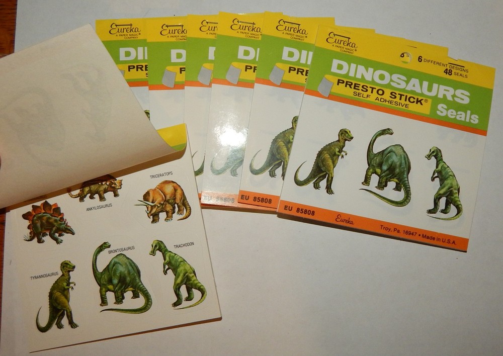 2 Packs Vintage Dinosaur Stickers (1″ to 1 3/4″) 6 Dinosaurs, 96 Stickers – new