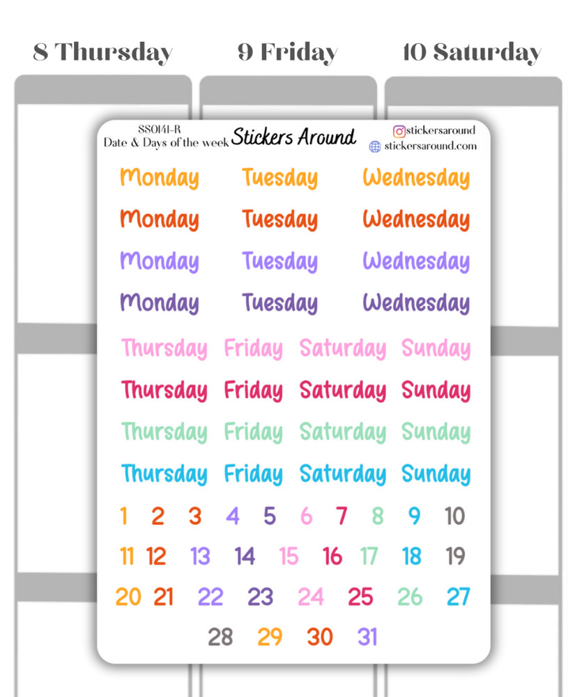Small Rainbow Date & Days of the Week Script Planner Sticker, Journaling Sticker