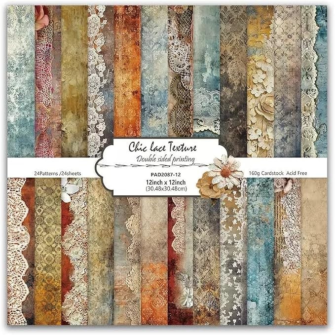 Vintage Lace Scrapbook Paper Pad 12×12 24 Sheets Coffee Floral Cardstock DIY