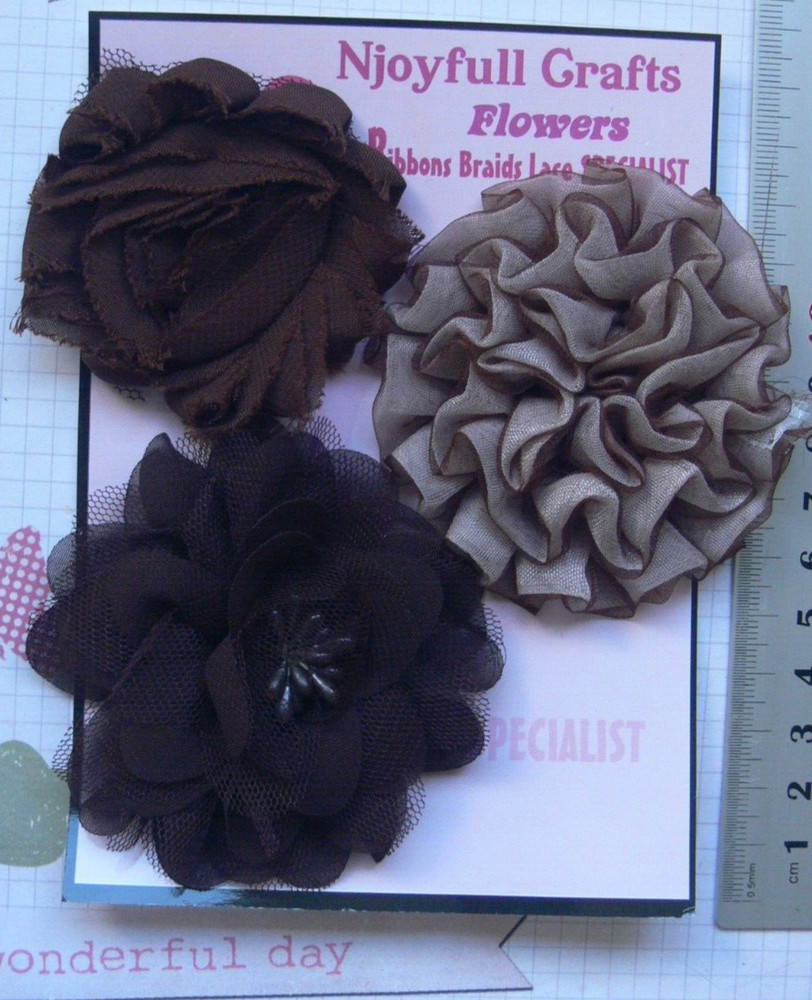 BROWNS x 3 Mix – Floral Fabric Organza Lace 3 Flower Pk 60-75mm E1F NJC