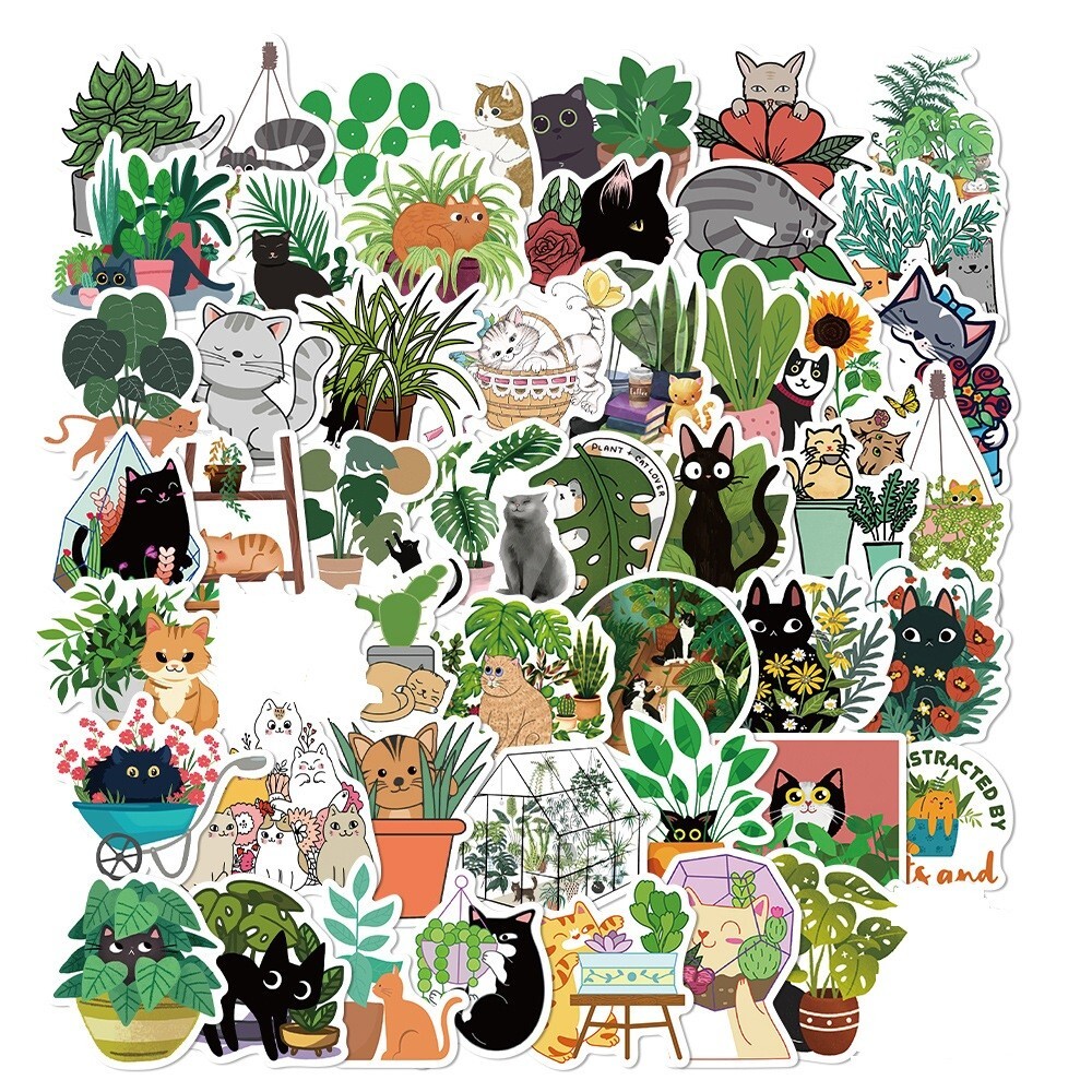 50pcs Cat And Plant Sticker, Cut Cat, water bottle laptop Waterproof, 129