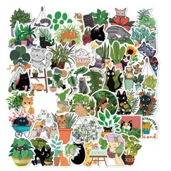 50pcs Cat And Plant Sticker, Cut Cat, water bottle laptop Waterproof, 129