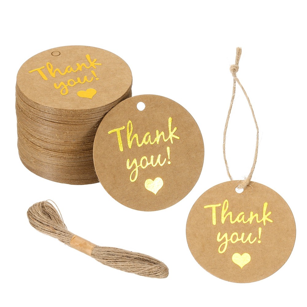 100 Pcs 1.6 Inch Thank You Gift Tags Round Paper Labels with String Brown
