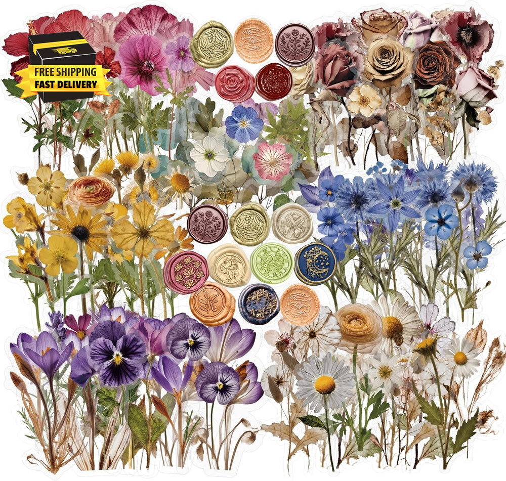 450 Pcs Flower Stickers for Scrapbook Supplies, Dried Pressed Flowers Scrapbook,