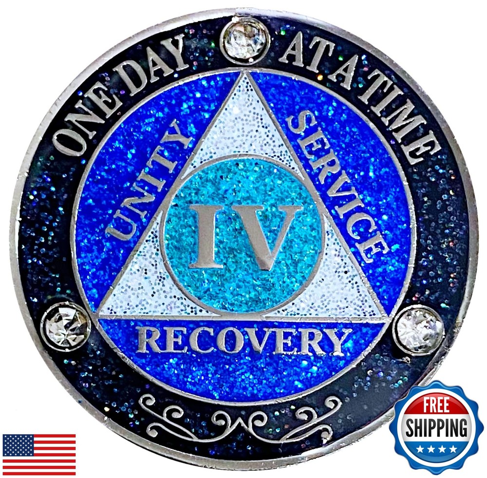 (Years 1-50) AA 4 Year Crystals and Glitter Medallion, Silver Color Plated, B