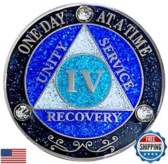 (Years 1-50) AA 4 Year Crystals and Glitter Medallion, Silver Color Plated, B