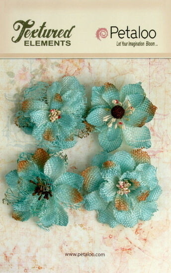 Burlap Flowers 4 x TEAL Approx 55-60mm across & varied centres Petaloo BUR K