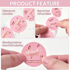 500Pcs Pink Thank You Stickers Roll – 4 Rose Gold Foil Font Designs, 1.5 Inch Th