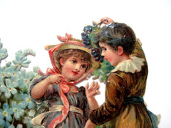 Charming Vintage Die Cut of Boy & Girl Dancing w/ Blue Forget-Me-Nots *