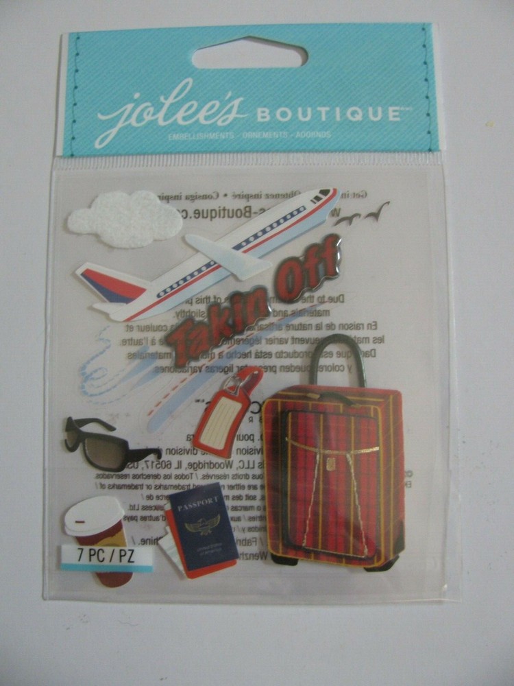 Jolee’s TAKING OFF Travel Plane Suitcase Passport Coffee Sunglasses Cloud 7 Pcs