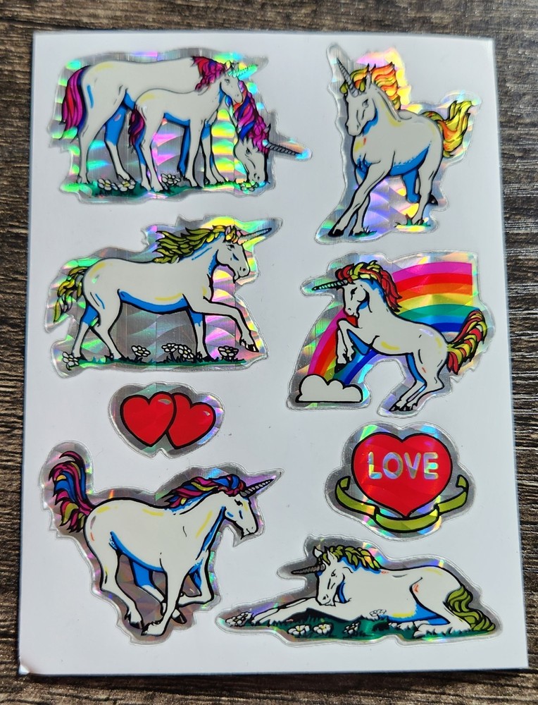 Vintage LOVE UNICORNS Prism Vending Machine Sticker Sheet 80s 90s Rainbow