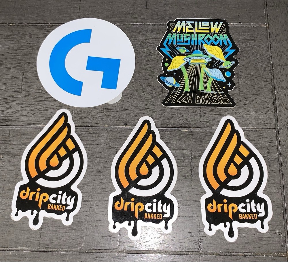 A8 LOT STICKERS MELLOW MUSHROOMS PIZZA BAKERS “G” BLUE LOGITECH DRIP CITY BAKED