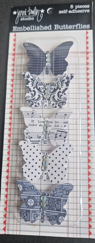 Chipboard 5 Black/White butterflies with gems Jenni Bowling scrapbooking 7×3