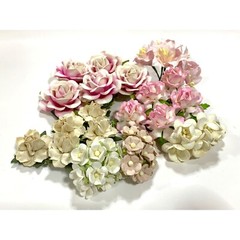45 Mixed Paper Flower Cottage Lily Roses Wedding Scrapbooking (TH-Pink Beige A1)