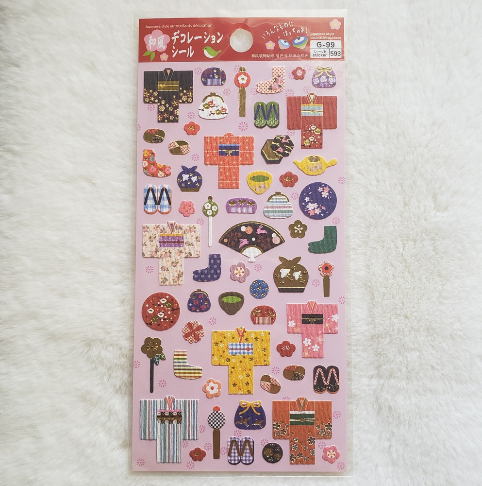 Japanese Paper Kimono Sticker Sheet with Gold Foil Accent – Daiso