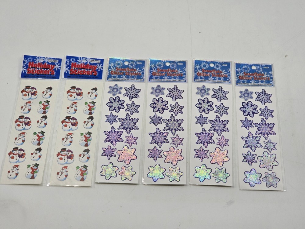 Holiday Winter Sticker Lot Prismatic Glitter Snowflake + Snowman Snowmen 6 Packs