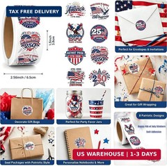 500Pcs Patriotic Stickers Roll 250th Anniversary USA Stickers Self Adhesive 4th