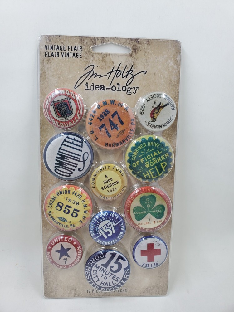 TH4 Tim Holtz Idea-ology Vintage Flair Buttons 12 Piece Metal Adornment Craft