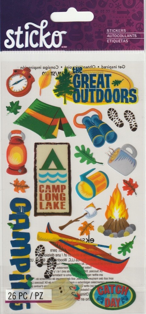 Sticko flat stickers GREAT OUTDOORS Camping Fishing theme 88097 FAST FREE ship!