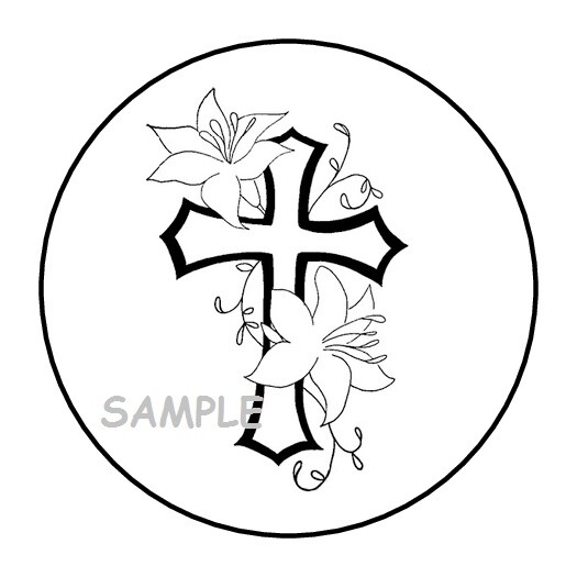 30 PRETTY CROSS WITH FLOWERS ENVELOPE SEALS LABELS STICKERS 1.5″ ROUND